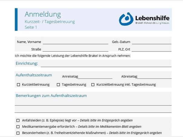 Kurzzeitbetreuung - Anmeldeformular