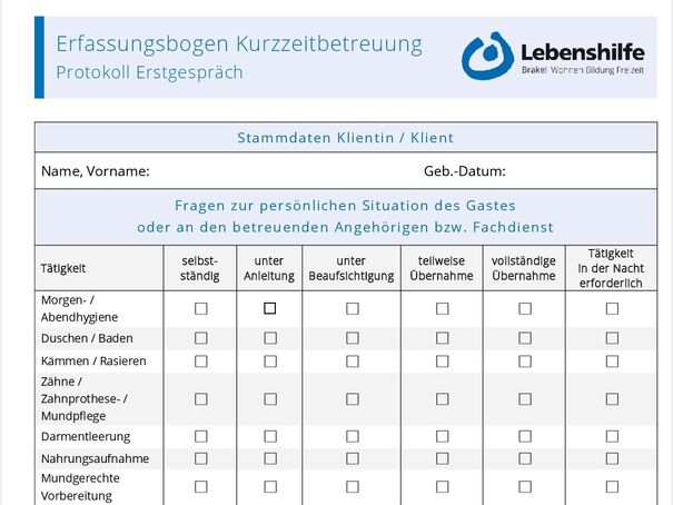 Kurzzeitbetreuung - Erfassungsbogen